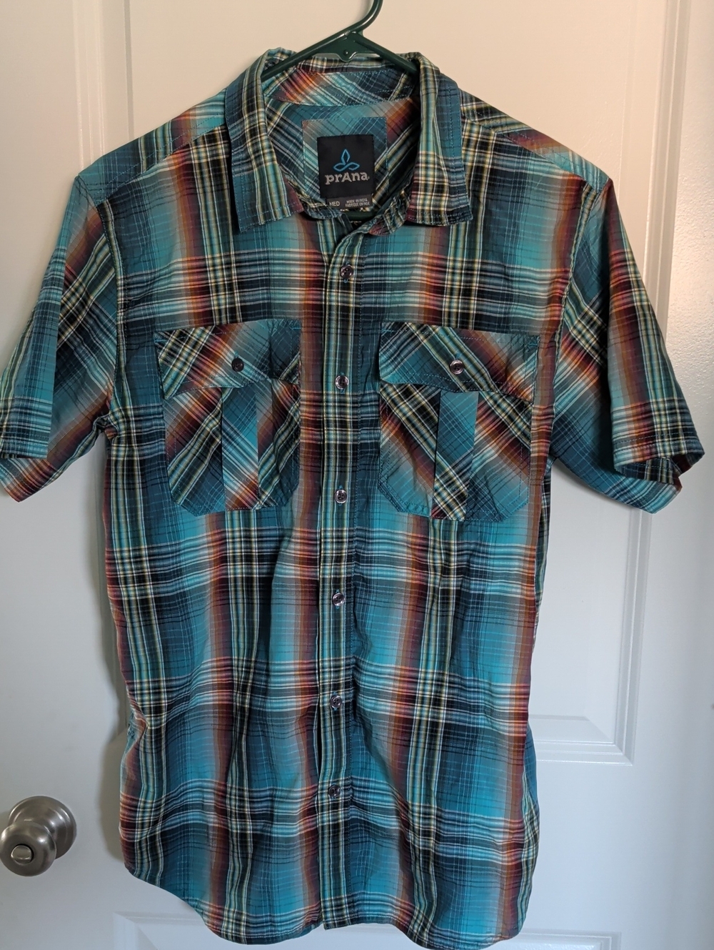 Prana Teal and Rust Plaid Short-Sleeve Button-Up Shirt